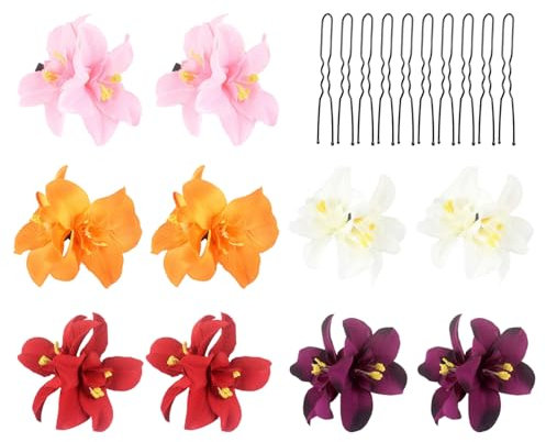 10 Pieces Artificial Tropical Flower Clips, 10 Pieces U-Shaped Clips, Flower Hair Accessories, Orchid Hair Clips, Floral Hair Clips, Hawaiian Hair Flowers, Flower Hair Cards