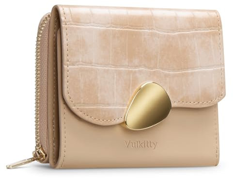 Vulkitty Portefeuille Femme Cuir RFID Blocage Con Porte Monnaie Fermeture Eclaire, Petit Portefeuille et Porte Carte, Beige