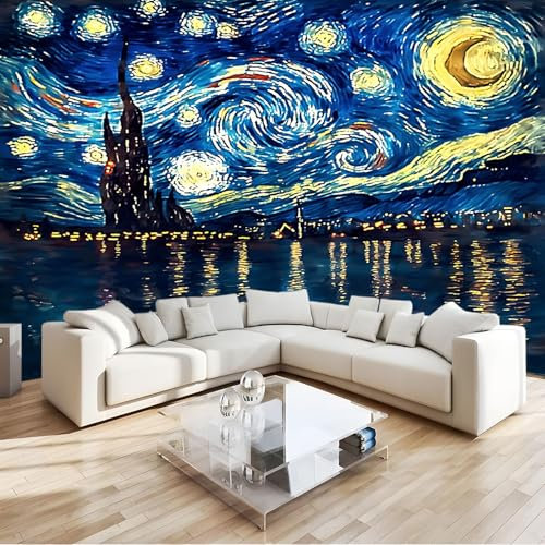 Générique Art Papier Peint Intissé 3D Peinture Ciel Étoilé Nuit En Ville Bleu Muraux Tapisserie Photo Décoration Murale, Papier Peint 200x140 cm Salon Chambre Bureau Couloir Peinture Murale Décor