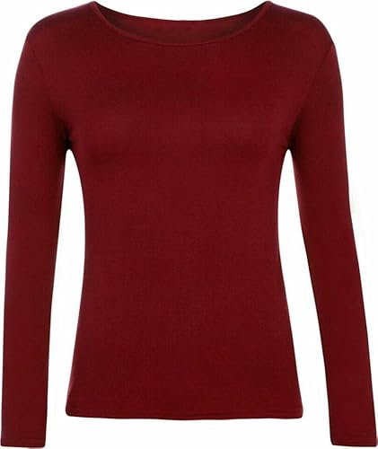 FASHION MY LOVE Women Ladies Long Sleeve Round Neck Plain Top Stretchy Casual Summer T-Shirts Basic Slim fit Tee Tops UK Plus Size 8-26 Wine