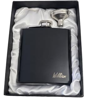 Personalised Hip Flask with Your Name or Initials + Gift Box, Engraved Stainless Steel 6oz Flask and Satin Lined Box.