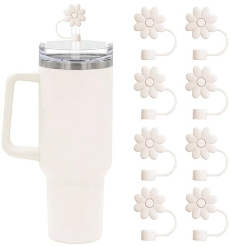 EnigmaDrops Flower Straw Covers Toppers for Stanley Cups 30&40 Oz Tumbler Accessories 8PCS Silicone Straw Caps Reusable Straw Tips Protectors for Stanley Cup 10mm 0.4in Straws,Off White