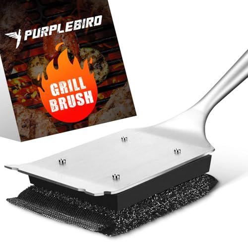 PURPLEBIRD Grillbürste für Gussrost, 3 IN 1 BBQ Grill Bürste, Grill Reinigungsbürste Edelstahl mit 1 Ersatz-Grillbürste, Drahtbürste Grill mit Langer Holzgriff, Geschenk für Papa