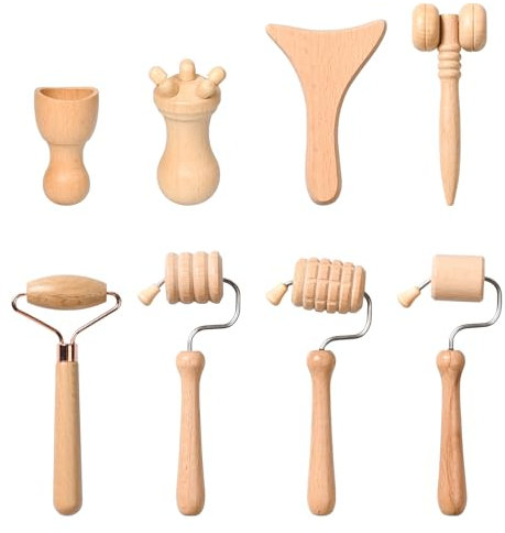 Pumwoy Lot de 8 rouleaux de massage pour madérothérapie - En bois - Avec poignée - Gobelet Gua Sha - Pour le visage, la tête et le corps