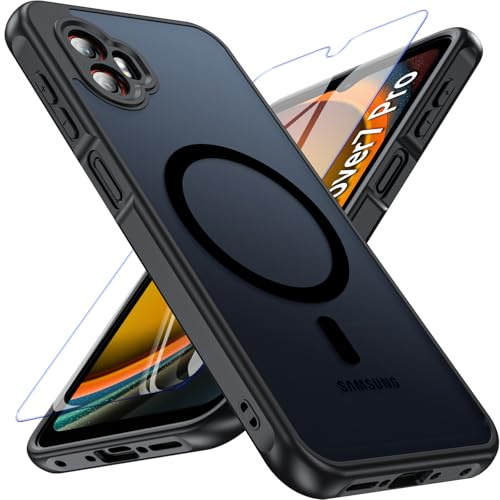 RC1WD Magnetisch Hülle für Samsung Galaxy XCover 7 Pro mit Panzer Schutz Glas, Stoßfest Kratzfest Handyhülle Kameraschutz Matt Transluzente Schutzhülle Case Cover für Samsung XCover7 Pro, Schwarz