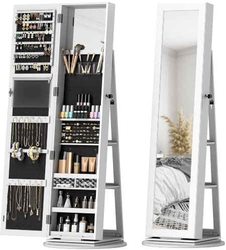 HOMCOM 360° drehbarer Schmuckspiegel, abschließbarer Schrank mit Schlüssel, durchgehender Spiegel mit 3 Ablagen auf der Rückseite und 2 Schubladen, 55x55x161 cm, Weiß
