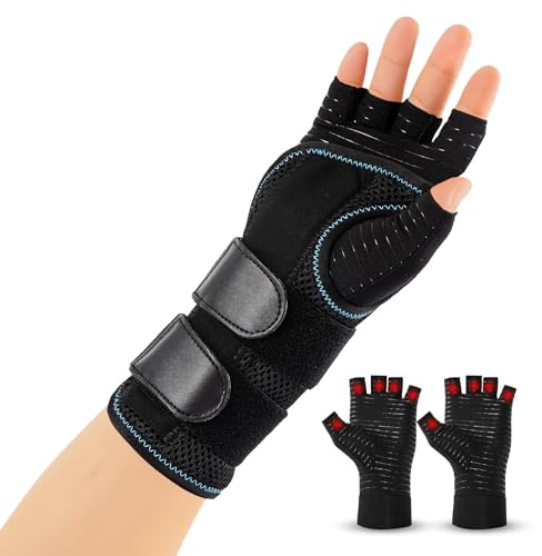 1 Handgelenkstütze mit 3 Schiene & 1 Paar Arthrose Handschuhe (Rechts, M)