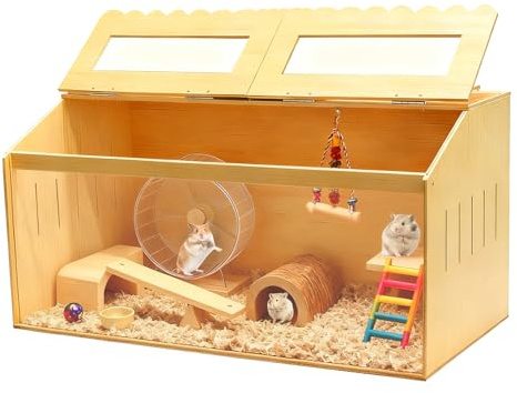 Hocomay Hamsterkäfig Holz, 80 x 40 x 40CM Transparenter Kleintierkäfig Holz Groß Für Syrische Kleiner Tierkäfig Mit Holzerner Acrylfenster Blütenblatt Dachtraufen Sicht Geeignet Meerschweinchen