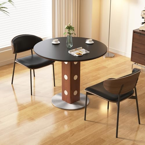 OLEYLUCKIDEA Modern Minimalistischer Runder Esstisch – 90 cm Küchentisch Esszimmertisch, Sinterstein-Tischplatte Holz-Metallgestell, schwarz geeignet für Wohnzimmer, Esszimmer, Küche