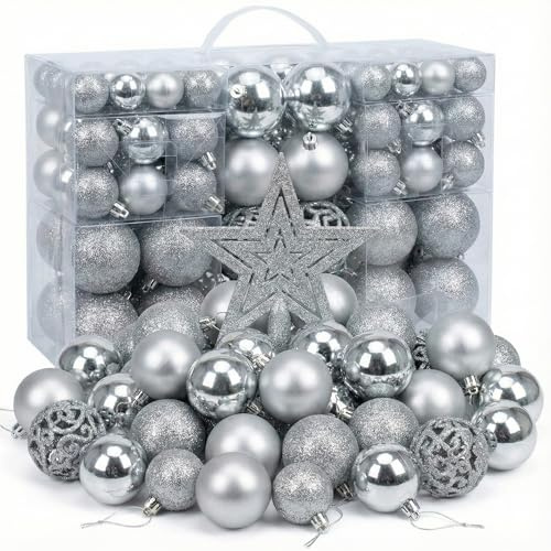 Juego de 101 Bolas de Navidad irrompibles de plástico, Adornos para árbol con Cordones, Bolas Decorativas con Acabados Mixtos para Decorar árbol de Navidad, Fiestas, Bodas y Eventos, Plateado