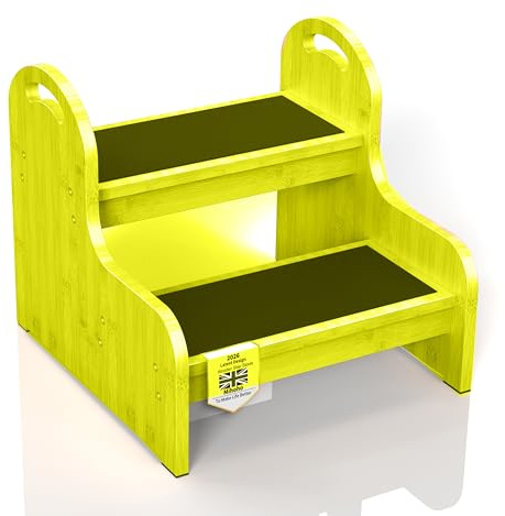 Taburete de madera de 2 peldaños para niños con superficie antideslizante, escalera de 2 pasos para bebé, taburete para baño, lavabo, cocina, cama (SS)