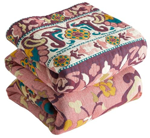 Bailix Premium Boho Tagesdecke 100% Baumwolle Kuscheldecke Doppelseitige Musselin Boho Decke 150x200cm, Kuschelige Sofadecke & Bettüberwurf, Patchworkdecke, Sommedecke für Wohnzimmer Rosa/Orange