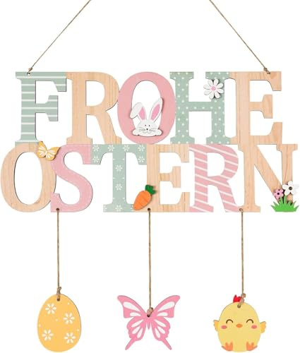 Türschild Frohe Ostern, Türschild Willkommen Ostern Deko, Holz Dekoschild, Osterdeko mit Osterhase Ostereier, Holzschild zum Aufhängen für Haustür, Wand, Fenster