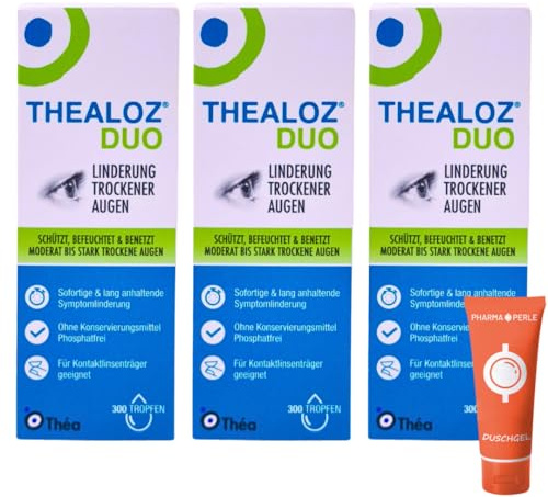 Thealoz Duo Augentropfen 10 ml | Befeuchtung & Pflege der Augen | Konservierungsmittel- & phosphatfrei | Mit Trehalose & Hyaluron | Für Kontaktlinsenträger geeignet | inkl. Pharma Perle Duschgel (3x)