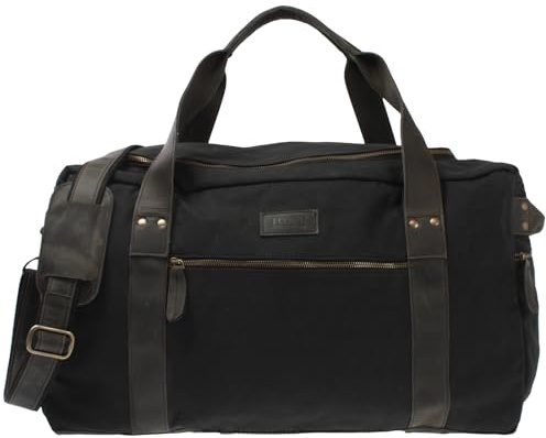 LECONI Reisetasche für Damen + Herren Canvas Handgepäck Leder Sporttasche Unisex groß Weekender für Reise, Urlaub und Kurztrip Wochenendtasche 55x30x21cm schwarz LE2014-C