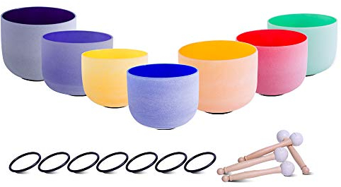 ENERGYSOUND Kristallquarz-Schalen, Chakra, stimmtes Set, 7 Stück, farbige mattierte Quarzkristall-Klangschalen, 17,8–30,5 cm – Klangheilung & Yoga-Meditation