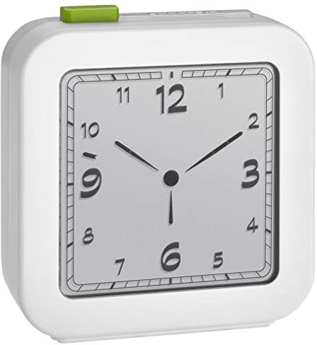 TFA Dostmann Digitaler Funk-Wecker, 60.2556.02, analoge Anzeige, Reisewecker, Alarm mit Snooze-Funktion, Hintergrundbeleuchtung, weiß, L80 x B40 x H120 mm