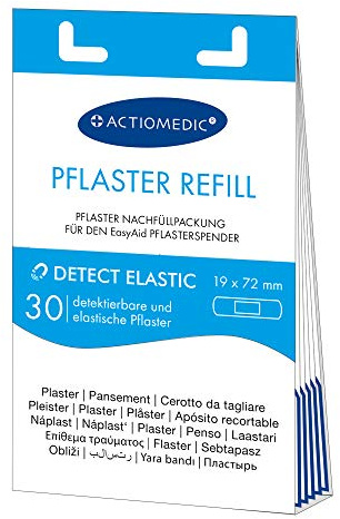 ACTIOMEDIC EasyAid DETECT ELASTIC Strips Refill, blau, 30 Stück | Detektierbare und elastische Pflasterstrips für die Lebensmittelindustrie, passend für den EasyAid Pflasterspender