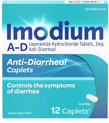 Imodium A-D Diarrhea Relief Caplets with Loperamide HCl, Anti-Diarrheal Medicine to Help Control Symptoms of Diarrhea Due to Acute, & Traveler's Diarrhea, HSA/FSA Eligible, 12 ct