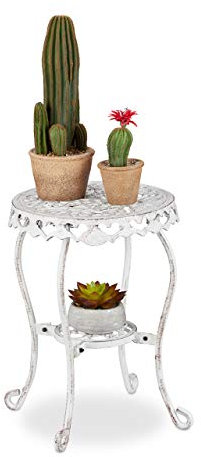 Relaxdays Blumenhocker Gusseisen, rund, antik, H x D: 41 x 36,5 cm, Kleiner Vintage Pflanzenhocker, innen & außen, weiß
