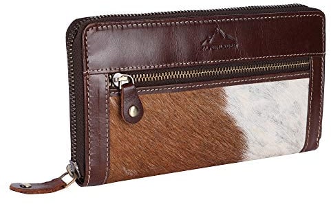 Alpenleder Geldbeutel GSPUSI – Echt Leder Geldbörse – Hochwertig Kuhfell Vintage Leder Portemonnaie mit RFID-Schutz und vielen Fächern für Damen (19 x 11 x 2cm, Kuhfell)