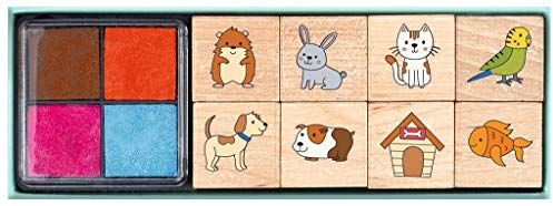 Moses Haustiere Stempelset für Kinder | 8 verschiedene Stempel aus Holz | Set mit Kinderstempeln und vierfarbigem Stempelkissen | In praktischem Geschenkkarton mit Sichtfenster