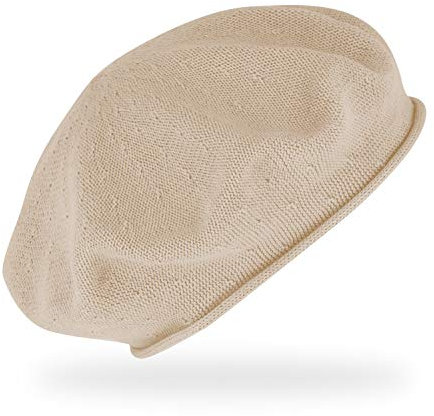 fiebig Feinstrickbaske mit Rollrand | Barett in OneSize aus Baumwolle | Leichte Wollbaske in vielen Farben (One Size, Beige)