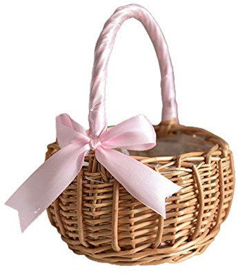 ZRSWV Panier à fleurs en osier tressé avec nœud - Panier de rangement fait à la main en osier avec poignée et doublure en plastique pour cérémonie de mariage (rose, S)
