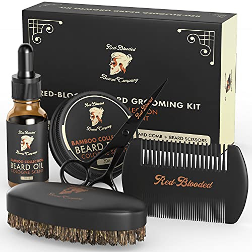 Red-Blooded bartpflege set fur manner bart set mit Bartöl, Bartbalsam, Bartbürste, Bartkamm & Bartschere. Kölnisch duftendes Herren-Bartpflegeset mit Jojobaöl und Macadamiaöl