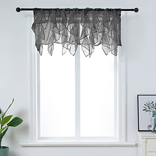 PearAge Waterfall Type Black Sheer Voile Ruffled Lace Valance Rod Pocket Layered Home Decor Window Tasseles Curtain Valance for Living Room,Bedroom Basement 50 by 16-Inch (Black,1 Piece)