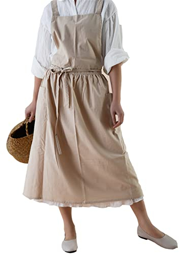 Achsoo Baumwolle Leinen Schürzen Einfarbig Japanischer Stil Kreuz Zurück Schürze mit Tasche Retro Literatur Kunst Blumenladen Kleidung für Damen Herren Küche Kochschürzen (Beige-A)