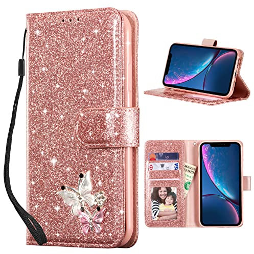 UEEBAI Klapphülle für iPhone XR, PU Lederhülle Glitzer 3D Schmetterling Flip Cover Standfunktion Kartenfach Schutzhülle Diamant Glänzende Geldbörse Handschlaufe Etui - Roségold