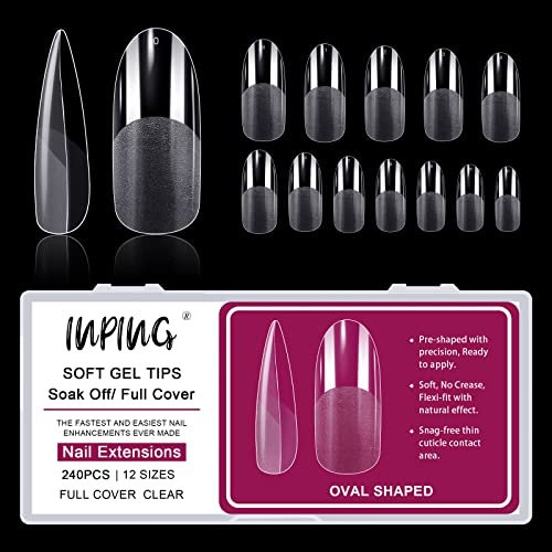 INPING Gel Nail Tips, 240PCS Oval Pre-Shaped Half Full Cover Nail Tips Clear Soft Utral-Thin Break Resistant Transparent False Nail Extensions for Women Home DIY Manicure Nail Art Salons, 12 SIZES