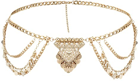 MEGAUK Damen Retro Kettengürtel Münzgürtel Fransen Bauchtanz Gürtel Metall Taillengürtel Hüftgurt 07001 Gold