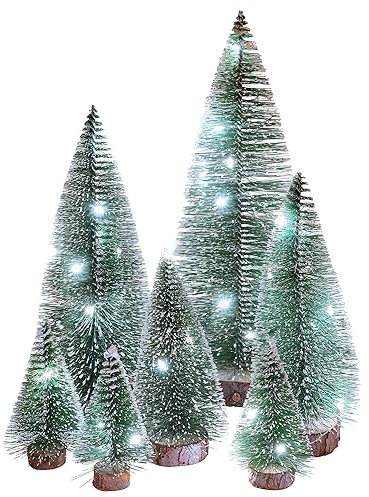 VEYLIN Mini Christmas Tree, 7PCS Artificial Mini Christmas Tree Decorations Small Snow Christmas Tree with Lights Mini Pine Tree for Winter DIY Crafts