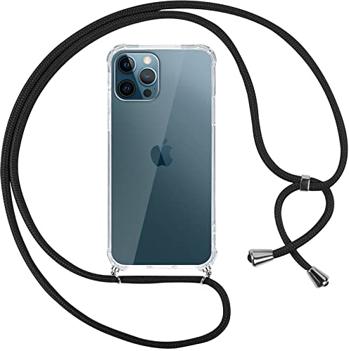 Pnakqil Collier Coque pour iPhone 12 Pro Max avec Cordon, Réglable Lanyard Housse Transparente Silicone Anti-Chute Etui pour iPhone 12 Pro Max 6.7 Pouces, Ètuis à Bandoulière, Noir