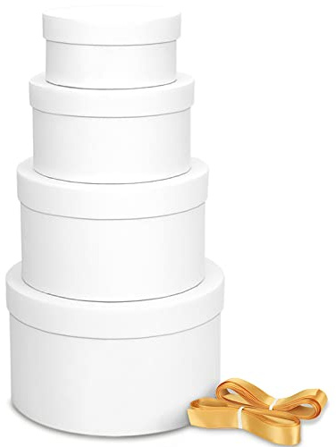 Bengnkes Runde Geschenkbox, weiße Geschenkboxen mit Deckel für Geschenke, 4 Packungen, Luxus-Geschenkboxen, klein, mit 5,2 m Band, für Brautjungfer, Valentinstag, Muttertag, Abschluss