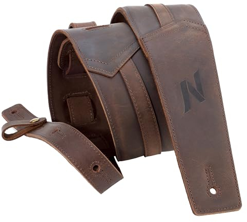 Nefelibata 3 Gitarrengurt, Vollnarbenleder, mit Schaumstoffpolsterung und Kabelaufbewahrungsschlaufe, für Bass, elektrische und akustische Gitarren(Dunkelbraun)