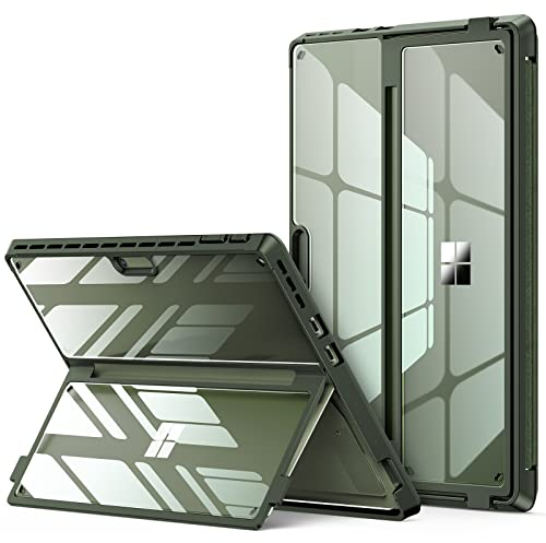 INFILAND Surface Pro 11/10/9 Hülle, Hoch Klar Transparent Stoßsichere Robuste Tragbare Schutzhülle Mehrwinklig Einstellbarer Ständer für Microsoft Surface Pro 11/10/9 13 Zoll 2022/2024, Morino Green
