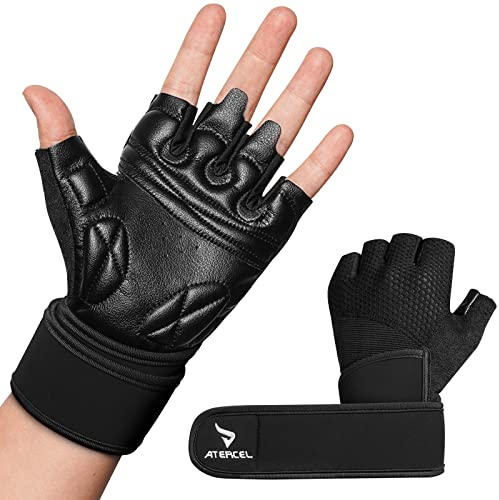 ATERCEL Fitness Handschuhe Herren Damen – Trainingshandschuhe für Gewichtheben, mit Handgelenkschutz aus Leder – Sporthandschuhe für Krafttraining und Kraftsport S