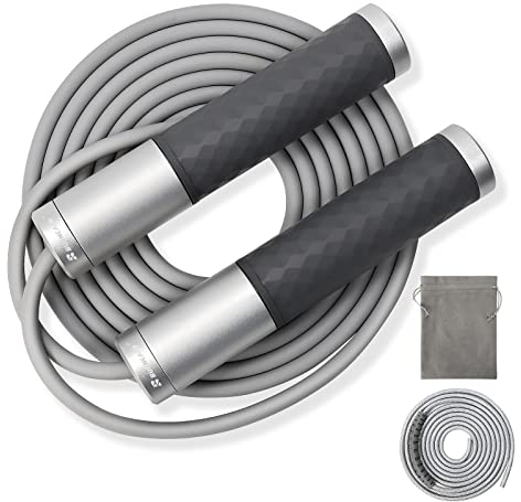 BURNCALO Weighted Jump Rope for Fitness, Skipping Rope for Men Women, Metal Heavy Handles, Ball bearings, Adjustable Length PVC Cord and Cotton Rope, Endurance Training Fitness Exercise Workout