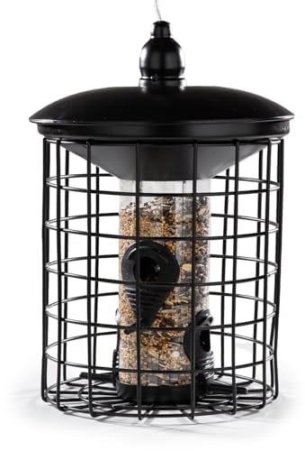Cult at Home Vogel Futterhaus – Futtersäule mit Schutzkäfig – Vogelhaus taubensicher für kleine Vögel Wildvögel – Vogelfutterhaus zum Aufhängen – Metall Schwarz Höhe 29 cm