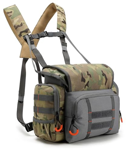 TurnWay Fernglas-Geschirr Brusttasche, große Kapazität, verstellbare Bino-Tasche mit Entfernungsmesser-Tasche, Regenschutz für die Jagd, Camogreen, Large, Classic