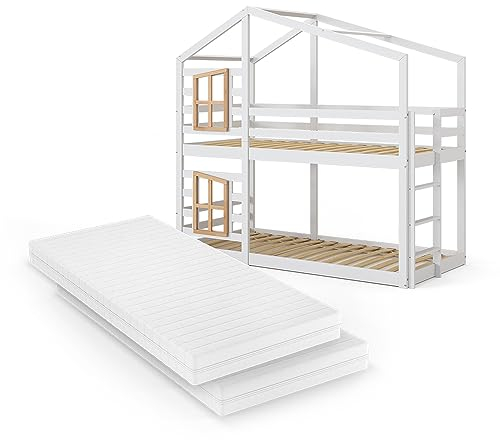 VitaliSpa Etagenbett 90x200 cm Maja mit 2 Matratzen - Weiß 208x195x97 cm aus Holz - Kinderbett sicher & ideal für 2 Kinder, inklusive Lattenroste