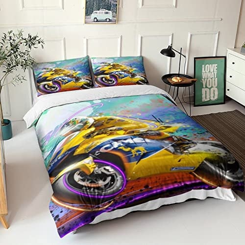 VOLDAX Motogp Bettdeckenbezug mit Motorrad-Motiv, Motocross-Bettbezug für Kinder, Jungen, Teenager, Herren, dekoratives 3-teiliges Bettwäsche-Set, Doppelbett (200 x 200 cm)