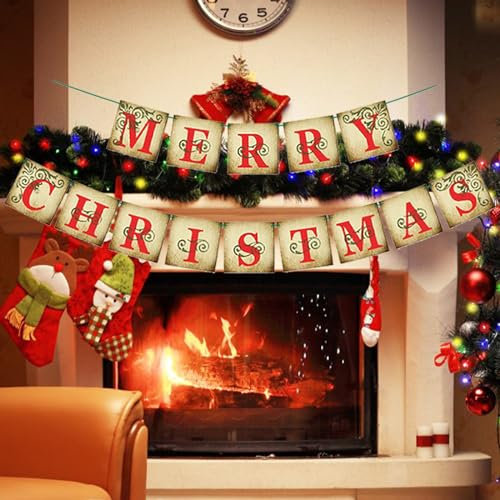 Christmas Vintage Decorations Banners - 6.5FT Double-Sided Merry Xmas Sign with 12Pcs Letter for Xmas Vintage Tree Banner Sign for Indoor Bedroom Fireplace Mantel Home Door Retro Decor