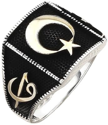 AY YILDIZ OSMANLI Elif VAV Gümüş Erkek Yüzük, Ay yildiz Dua 925 Silber Herrenring Herren Ring Geschenk für Männer Geschenkidee für Vatertag Geburtstag & ander Anlässe Babalar Günü (63 (20,0 mm Ø))
