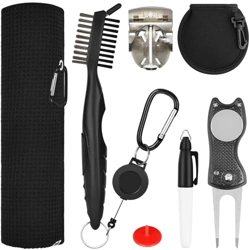 flintronic 7-in-1 Golf Zubehör Kits, Mikrofaser Golf Handtuch, einziehbare Golfschläger Reinigungsbürste, Faltbare Golf Pitchgabel Set, Golfball-Linien-Zeichnungsmarkierungs-Kits
