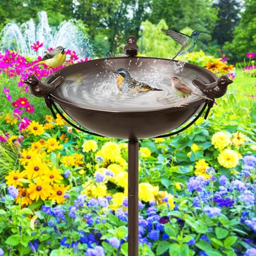 MeyRolizn Outdoor Bird Bath Garden BirdBath Feeder with Metal Stake, 57In Freestanding Birdbaths Bowl with 3 Resin Bird Statues, Birdbath & Birdfeeder Garden Yard Lawn Decor (Brown)