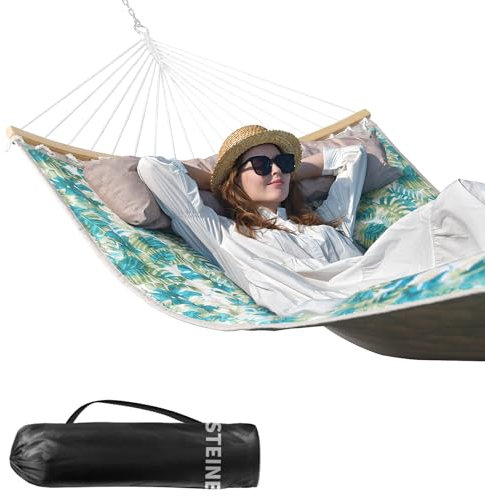 Bathonly Große Outdoor Hängematte für 2 Personen, 3m doppelhängematte, Gesteppte Stoffschaukel mit Faltbarer, gebogener Stange, abnehmbarem Kissen, Tragetasche, bis 204 kg belastbar, Blueleaves